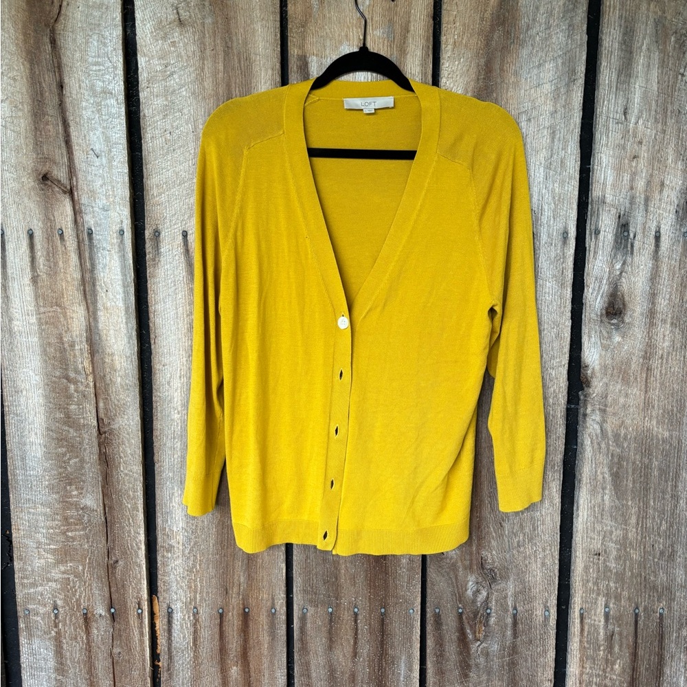 LOFT Mustard Yellow Lightweight Button Front Cardigan Sweater Size‎ L - Picture 7 of 7